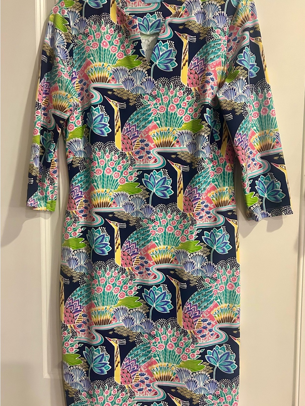 J. McLaughlin Navy Peacock-Print Midi Dress